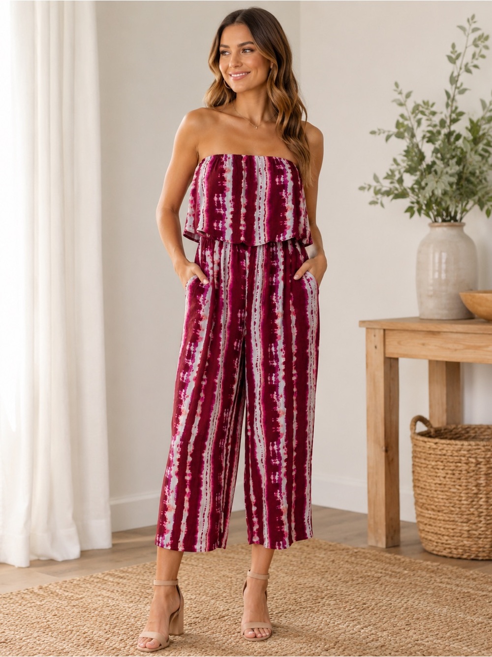 Gypsies & Moondust Burgundy and White Tie-Dye Jumpsuit | Size Large